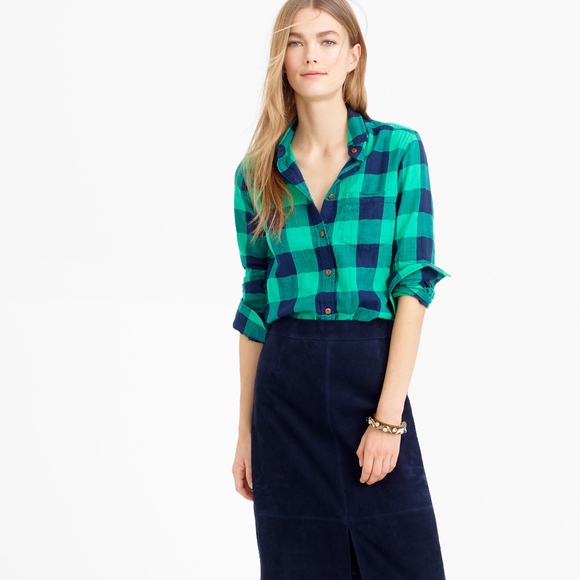 J. Crew Tops - J Crew Emerald Buffalo Check Shrunken Boy Shirt